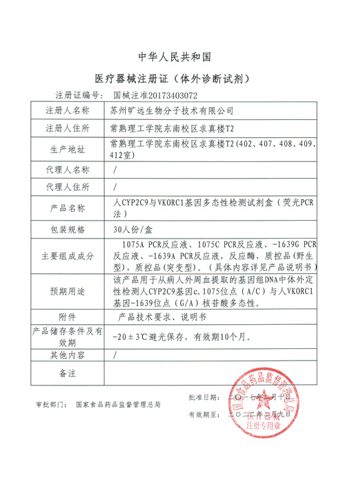 喜讯！苏州Z6尊龙凯时生物CYP2C9与VKORC1项目喜获Ⅲ类医疗器械注册证